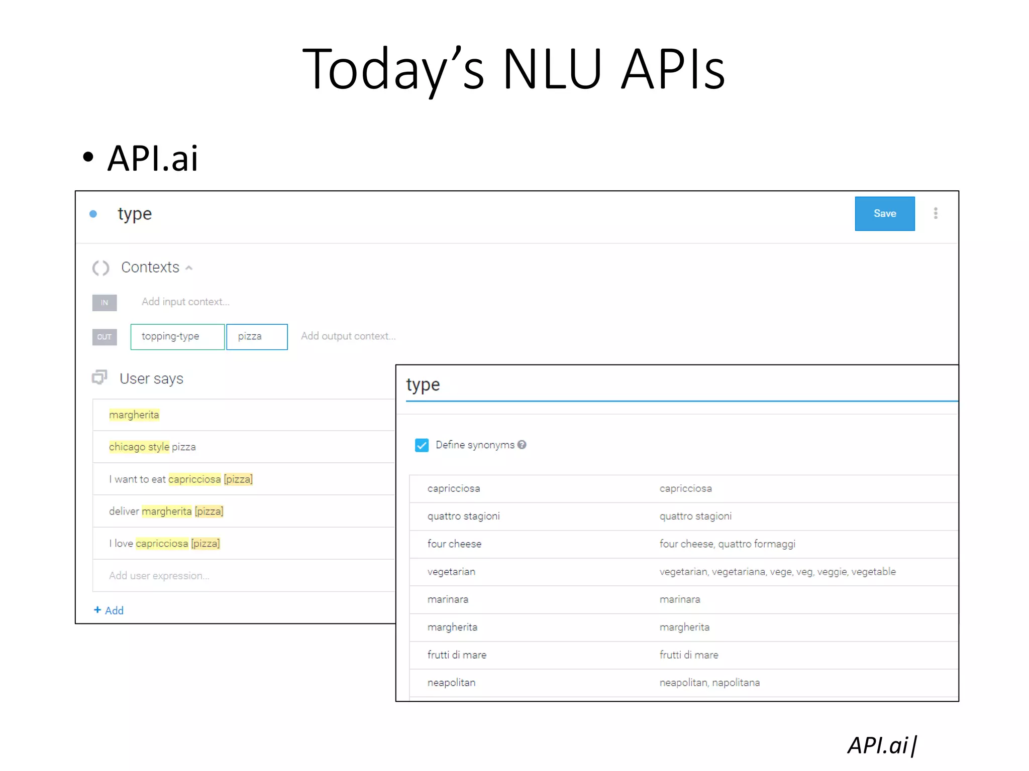 Today’s NLU APIs
API.ai|
• API.ai
 