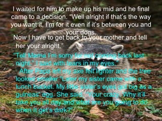 I waited for  him to make up his mid and he final came to a decision. “Well alright if that’s the way you want it, I’m for it even if it’s between you and your dogs. Now I have to get back to your mother and tell her your alright.”   “ Tell Mama I’m sorry for not coming back last night.” I said with tears in my eyes.”   After Papa left my axe felt lighter and the tree looked smaller  “ Later my sister came with a lunch bucket. My little sister’s eyes got big as a guineas’ egg. She said, “Your crazy. Why it’ll take you all day and what are you going to do when It get’s dark?” .  