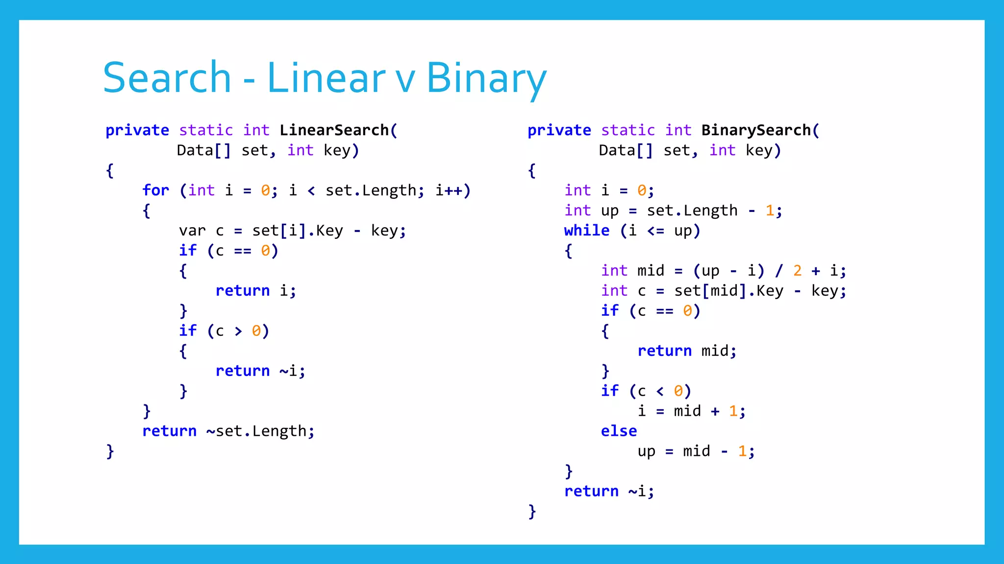 Search - Linear v Binary
private static int LinearSearch(
Data[] set, int key)
{
for (int i = 0; i < set.Length; i++)
{
var c = set[i].Key - key;
if (c == 0)
{
return i;
}
if (c > 0)
{
return ~i;
}
}
return ~set.Length;
}
private static int BinarySearch(
Data[] set, int key)
{
int i = 0;
int up = set.Length - 1;
while (i <= up)
{
int mid = (up - i) / 2 + i;
int c = set[mid].Key - key;
if (c == 0)
{
return mid;
}
if (c < 0)
i = mid + 1;
else
up = mid - 1;
}
return ~i;
}
 