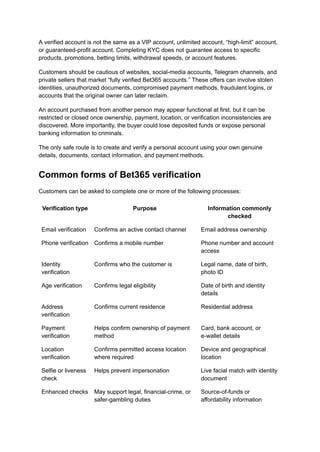 A verified account is not the same as a VIP account, unlimited account, “high-limit” account,
or guaranteed-profit account. Completing KYC does not guarantee access to specific
products, promotions, betting limits, withdrawal speeds, or account features.
Customers should be cautious of websites, social-media accounts, Telegram channels, and
private sellers that market “fully verified Bet365 accounts.” These offers can involve stolen
identities, unauthorized documents, compromised payment methods, fraudulent logins, or
accounts that the original owner can later reclaim.
An account purchased from another person may appear functional at first, but it can be
restricted or closed once ownership, payment, location, or verification inconsistencies are
discovered. More importantly, the buyer could lose deposited funds or expose personal
banking information to criminals.
The only safe route is to create and verify a personal account using your own genuine
details, documents, contact information, and payment methods.
Common forms of Bet365 verification
Customers can be asked to complete one or more of the following processes:
Verification type Purpose Information commonly
checked
Email verification Confirms an active contact channel Email address ownership
Phone verification Confirms a mobile number Phone number and account
access
Identity
verification
Confirms who the customer is Legal name, date of birth,
photo ID
Age verification Confirms legal eligibility Date of birth and identity
details
Address
verification
Confirms current residence Residential address
Payment
verification
Helps confirm ownership of payment
method
Card, bank account, or
e-wallet details
Location
verification
Confirms permitted access location
where required
Device and geographical
location
Selfie or liveness
check
Helps prevent impersonation Live facial match with identity
document
Enhanced checks May support legal, financial-crime, or
safer-gambling duties
Source-of-funds or
affordability information
 