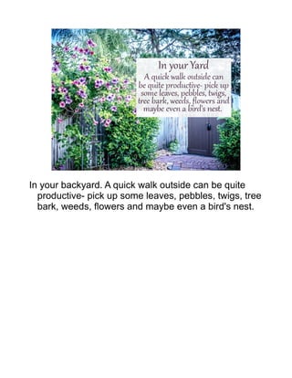 In your backyard. A quick walk outside can be quite
productive- pick up some leaves, pebbles, twigs, tree
bark, weeds, flowers and maybe even a bird's nest.
 