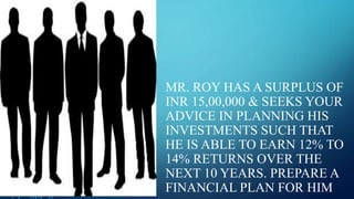 MR. ROY HAS A SURPLUS OF
INR 15,00,000 & SEEKS YOUR
ADVICE IN PLANNING HIS
INVESTMENTS SUCH THAT
HE IS ABLE TO EARN 12% TO
14% RETURNS OVER THE
NEXT 10 YEARS. PREPARE A
FINANCIAL PLAN FOR HIM
 
