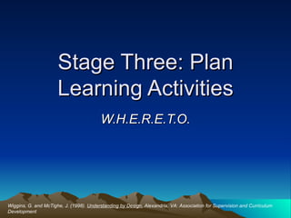 Stage Three: Plan Learning Activities W.H.E.R.E.T.O. Wiggins, G. and McTighe, J. (1998).  Understanding by Design.  Alexandria, VA: Association for Supervision and Curriculum Development 