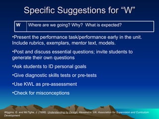Specific Suggestions for “W” Wiggins, G. and McTighe, J. (1998).  Understanding by Design.  Alexandria, VA: Association for Supervision and Curriculum Development Present the performance task/performance early in the unit.  Include rubrics, exemplars, mentor text, models. Post and discuss essential questions; invite students to generate their own questions Ask students to ID personal goals Give diagnostic skills tests or pre-tests Use KWL as pre-assessment Check for misconceptions Where are we going? Why?  What is expected? W 