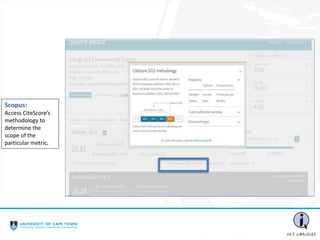 Scopus:
Access CiteScore’s
methodology to
determine the
scope of the
particular metric.
 