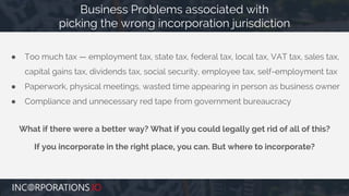 ● Too much tax — employment tax, state tax, federal tax, local tax, VAT tax, sales tax,
capital gains tax, dividends tax, social security, employee tax, self-employment tax
● Paperwork, physical meetings, wasted time appearing in person as business owner
● Compliance and unnecessary red tape from government bureaucracy
What if there were a better way? What if you could legally get rid of all of this?
If you incorporate in the right place, you can. But where to incorporate?
Business Problems associated with
picking the wrong incorporation jurisdiction
 
