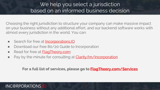Choosing the right jurisdiction to structure your company can make massive impact
on your business without any additional effort, and our backend software works with
almost every jurisdiction in the world. You can:
● Search for free at Incorporations.IO
● Download our free 80/20 Guide to Incorporation
● Read for free at FlagTheory.com
● Pay by the minute for consulting at Clarity.fm/Incorporation
For a full list of services, please go to FlagTheory.com/Services
We help you select a jurisdiction
based on an informed business decision
 