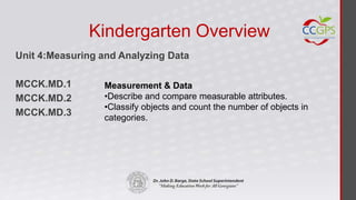 Kindergarten Overview
Unit 4:Measuring and Analyzing Data

MCCK.MD.1        Measurement & Data
MCCK.MD.2        •Describe and compare measurable attributes.
                 •Classify objects and count the number of objects in
MCCK.MD.3        categories.
 