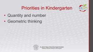 Priorities in Kindergarten
• Quantity and number
• Geometric thinking
 