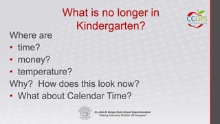 What is no longer in
             Kindergarten?
Where are
• time?
• money?
• temperature?
Why? How does this look now?
• What about Calendar Time?
 