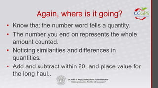 Again, where is it going?
• Know that the number word tells a quantity.
• The number you end on represents the whole
  amount counted.
• Noticing similarities and differences in
  quantities.
• Add and subtract within 20, and place value for
  the long haul..
 