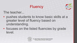 Fluency
The teacher...
• pushes students to know basic skills at a
  greater level of fluency based on
  understanding.
• focuses on the listed fluencies by grade
  level.
 