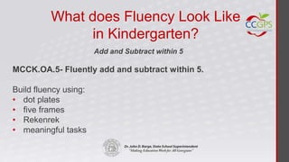 What does Fluency Look Like
               in Kindergarten?
                       Add and Subtract within 5

MCCK.OA.5- Fluently add and subtract within 5.

Build fluency using:
• dot plates
• five frames
• Rekenrek
• meaningful tasks
 