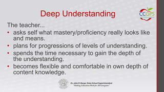 Deep Understanding
The teacher...
• asks self what mastery/proficiency really looks like
  and means.
• plans for progressions of levels of understanding.
• spends the time necessary to gain the depth of
  the understanding.
• becomes flexible and comfortable in own depth of
  content knowledge.
 
