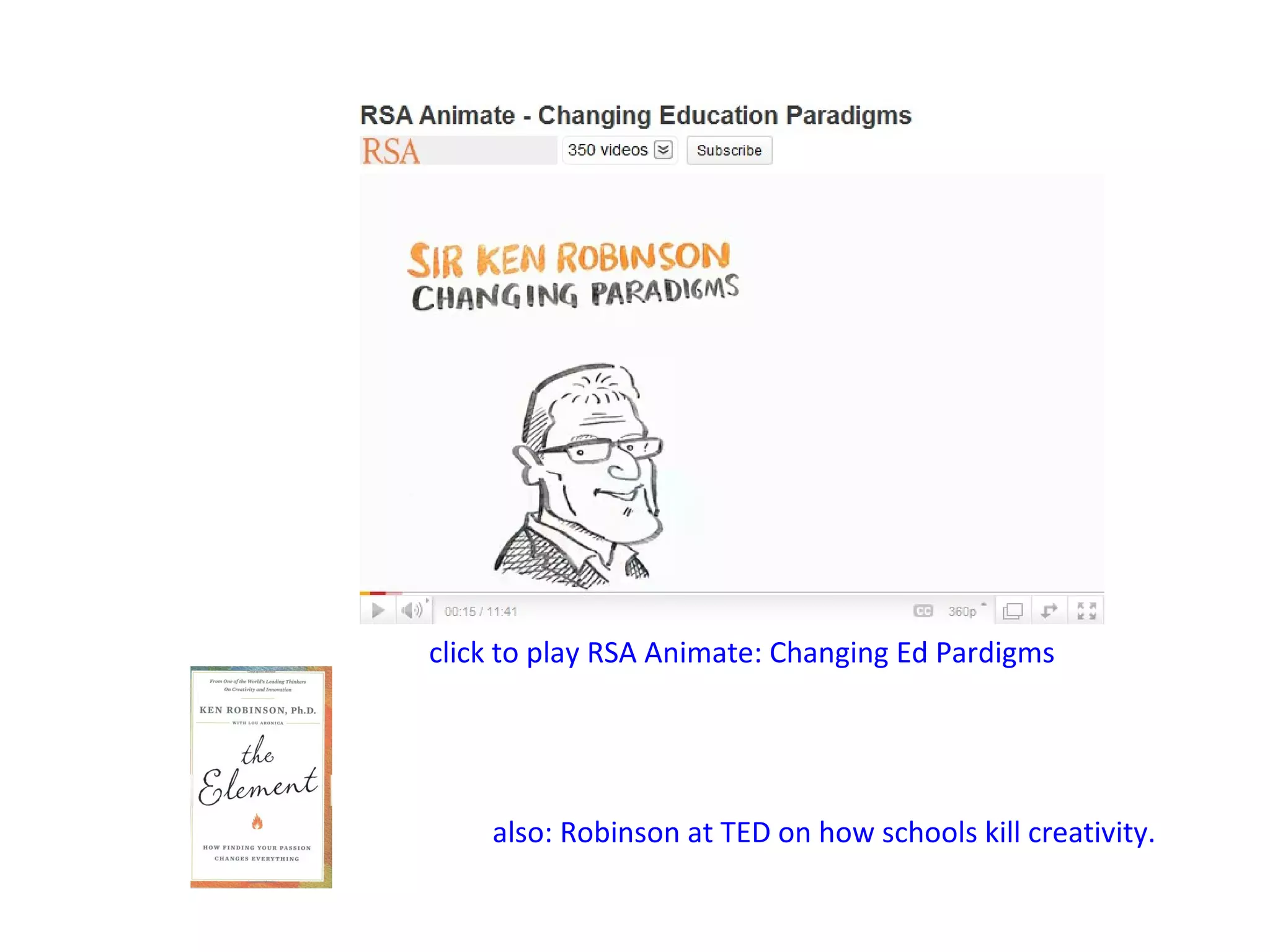 click to play RSA Animate: Changing Ed Pardigms




    also: Robinson at TED on how schools kill creativity.
 