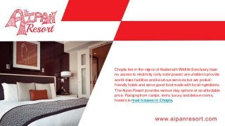 Chopta lies in the region of Kedarnath Wildlife Sanctuary have
no access to electricity (only solar power) are unable to provide
world-class facilities and luxurious services but are pocket-
friendly hotels and serve good food made with local ingredients.
The Aipan Resort provides various stay options at an affordable
price. Ranging from camps, tents, luxury and deluxe rooms,
hostels to mud houses in Chopta.
 