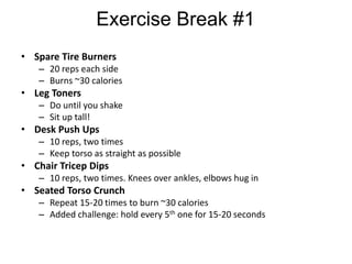Exercise Break #1
• Spare Tire Burners
– 20 reps each side
– Burns ~30 calories
• Leg Toners
– Do until you shake
– Sit up tall!
• Desk Push Ups
– 10 reps, two times
– Keep torso as straight as possible
• Chair Tricep Dips
– 10 reps, two times. Knees over ankles, elbows hug in
• Seated Torso Crunch
– Repeat 15-20 times to burn ~30 calories
– Added challenge: hold every 5th one for 15-20 seconds
 