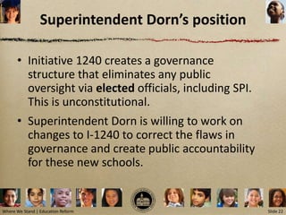 Superintendent Dorn’s position

      • Initiative 1240 creates a governance
        structure that eliminates any public
        oversight via elected officials, including SPI.
        This is unconstitutional.
      • Superintendent Dorn is willing to work on
        changes to I-1240 to correct the flaws in
        governance and create public accountability
        for these new schools.


Where We Stand | Education Reform                         Slide 22
 