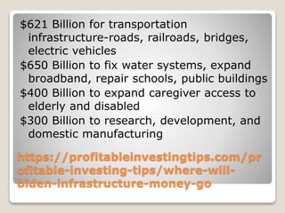 https://profitableinvestingtips.com/pr
ofitable-investing-tips/where-will-
biden-infrastructure-money-go
$621 Billion for transportation
infrastructure-roads, railroads, bridges,
electric vehicles
$650 Billion to fix water systems, expand
broadband, repair schools, public buildings
$400 Billion to expand caregiver access to
elderly and disabled
$300 Billion to research, development, and
domestic manufacturing
 