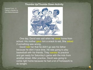 Thumbs Up/Thumbs Down Activity
Excerpt From: A
Father’s Garden by
Ana Maria Alvarado




                   One day, David was sad when he came home from
               school. His mother gave him a snack to eat. She asked
               if something was wrong.
                   David told her that he didn’t go see his father
               because he didn’t have time. He was going to play
               basketball with his friends. They wanted to practice
               and get ready for Saturday’s game with the kids from
               another street. After practice, David was going to
               come right home because he had a lot of homework to
               do tonight.
 