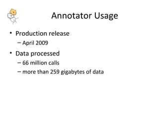 Annotator Usage 
• Production release 
– April 2009 
• Data processed 
– 66 million calls 
– more than 259 gigabytes of data 
 