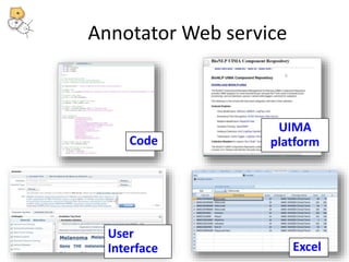 Annotator Web service 
Code 
UIMA 
platform 
Excel 
User 
Interface 
 
