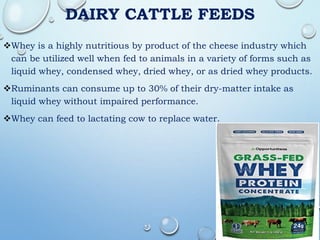 DAIRY CATTLE FEEDS
Whey is a highly nutritious by product of the cheese industry which
can be utilized well when fed to animals in a variety of forms such as
liquid whey, condensed whey, dried whey, or as dried whey products.
Ruminants can consume up to 30% of their dry-matter intake as
liquid whey without impaired performance.
Whey can feed to lactating cow to replace water.
 