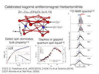 Celebrated kagomé antiferromagnet Herbertsmithite
[13] D. E. Freedman et al. JACS (2010). [14] M. Fu et al. Science (2016)...
