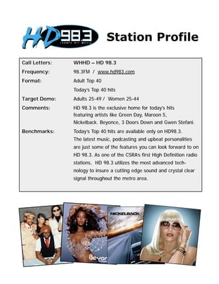 Station Profile

Call Letters:     WHHD – HD 98.3
Frequency:        98.3FM / www.hd983.com
Format:           Adult Top 40
                  Today’s Top 40 hits
Target Demo:      Adults 25-49 / Women 25-44
Comments:         HD 98.3 is the exclusive home for today’s hits
                  featuring artists like Green Day, Maroon 5,
                  Nickelback. Beyonce, 3 Doors Down and Gwen Stefani.
Benchmarks:       Today’s Top 40 hits are available only on HD98.3.
   John Kelly     The latest music, podcasting and upbeat personalities
    Middays
                  are just some of the features you can look forward to on
                  HD 98.3. As one of the CSRA’s first High Definition radio
                  stations, HD 98.3 utilizes the most advanced tech-
                  nology to insure a cutting edge sound and crystal clear
                  signal throughout the metro area.

 Chuck Whitaker
   Afternoons




  Friday Epley
    Evenings
 