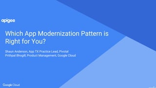 Proprietary and confidential
Which App Modernization Pattern is
Right for You?
Shaun Anderson, App TX Practice Lead, Pivotal
Prithpal Bhogill, Product Management, Google Cloud
 