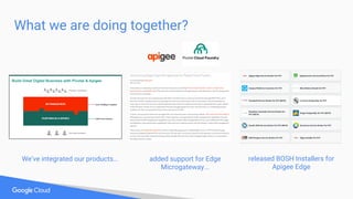 What we are doing together?
added support for Edge
Microgateway...
We’ve integrated our products… released BOSH Installers for
Apigee Edge
 