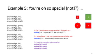 1
3 4
2property(fig1, red).
property(fig1, box).
property(fig1, small).
property(fig2, green).
property(fig2, box).
property(fig2, large).
property(fig3, red).
property(fig3, circle).
property(fig3, large).
property(fig4, red).
property(fig4, box).
property(fig4, large).
% Fig. X is unique wrt property-value V, if there is no ..
unique(X,V) :- property(X,V), not another(X,V).
% .. other figure Y that has the same property/value pair:
another(X,V) :- property(X,V), property(Y,V), X != Y.
% clingo -n0 example4.lp4 unique.lp4
unique(fig1,small)
unique(fig2,green)
unique(fig3,circle)
Example 5: You’re oh so special (not!?) …
12
 