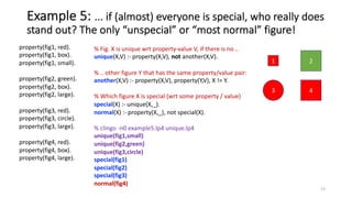 property(fig1, red).
property(fig1, box).
property(fig1, small).
property(fig2, green).
property(fig2, box).
property(fig2, large).
property(fig3, red).
property(fig3, circle).
property(fig3, large).
property(fig4, red).
property(fig4, box).
property(fig4, large).
% Fig. X is unique wrt property-value V, if there is no ..
unique(X,V) :- property(X,V), not another(X,V).
% .. other figure Y that has the same property/value pair:
another(X,V) :- property(X,V), property(Y,V), X != Y.
% Which figure X is special (wrt some property / value)
special(X) :- unique(X,_).
normal(X) :- property(X,_), not special(X).
% clingo -n0 example5.lp4 unique.lp4
unique(fig1,small)
unique(fig2,green)
unique(fig3,circle)
special(fig1)
special(fig2)
special(fig3)
normal(fig4)
Example 5: ... if (almost) everyone is special, who really does
stand out? The only “unspecial” or “most normal” figure!
13
1
3 4
2
 