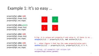 property(fig1, color, red).
property(fig1, shape, box).
property(fig1, size, large).
property(fig2, color, green).
property(fig2, shape, box).
property(fig2, size, large).
property(fig3, color, red).
property(fig3, shape, box).
property(fig3, size, large).
property(fig4, color, red).
property(fig4, shape, box).
property(fig4, size, large).
1
4
2
3
% Fig. X is unique wrt property P and value V, if there is no ..
unique(X,P,V) :- property(X,P,V), not another(X,P,V).
% .. other figure Y that has the same property/value pair:
another(X,P,V) :- property(X,P,V), property(Y,P,V), X != Y.
% clingo -n0 example1.lp4 unique.lp4
unique(fig2,color,green)
Example 1: It’s so easy …
7
 