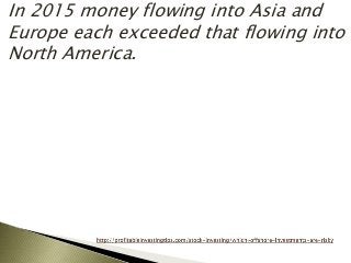 In 2015 money flowing into Asia and
Europe each exceeded that flowing into
North America.
 