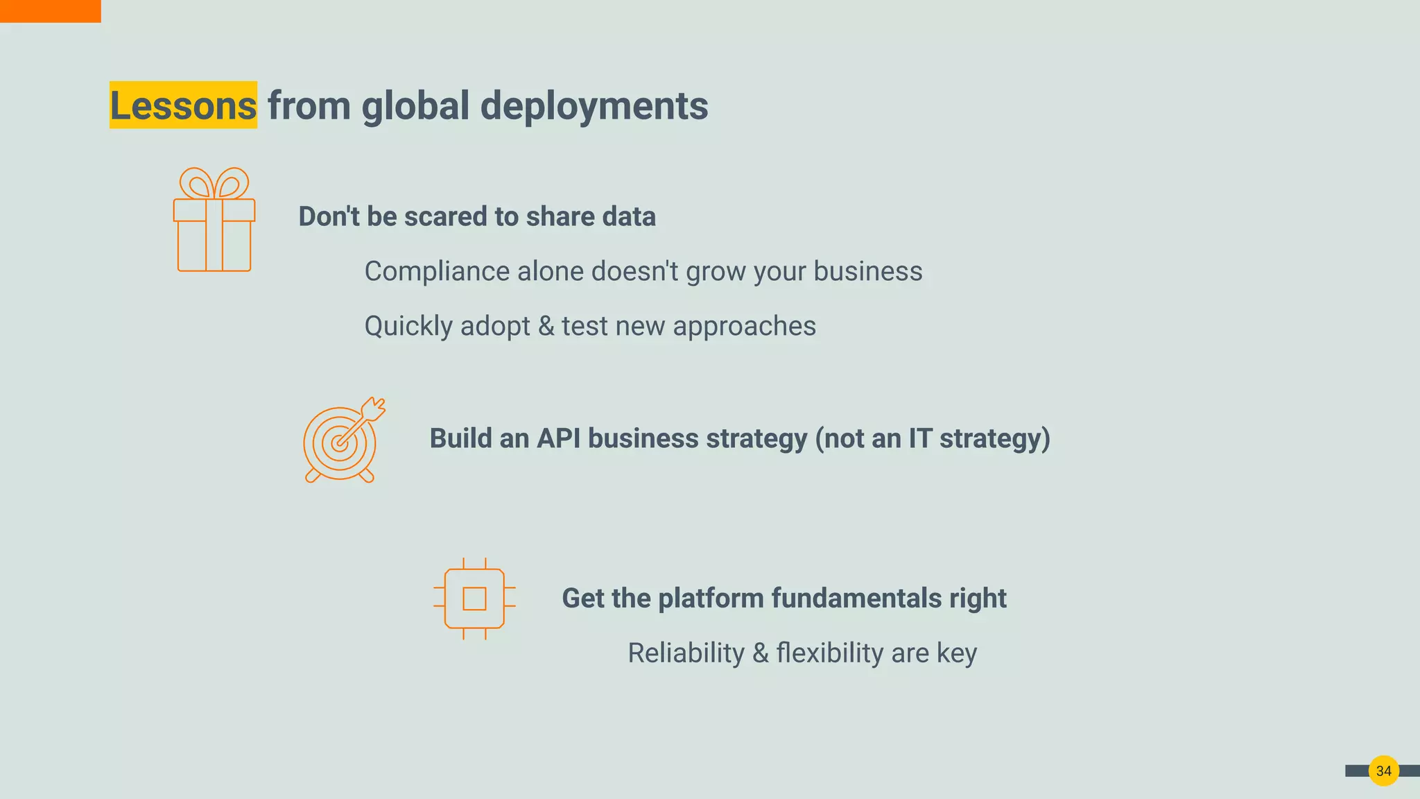 Don't be scared to share data
Compliance alone doesn't grow your business
Quickly adopt & test new approaches
Lessons from global deployments
34
Build an API business strategy (not an IT strategy)
Get the platform fundamentals right
Reliability & ﬂexibility are key
 