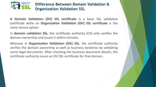 Difference Between Domain Validation &
Organization Validation SSL
A Domain Validation (DV) SSL certificate is a basic SSL...