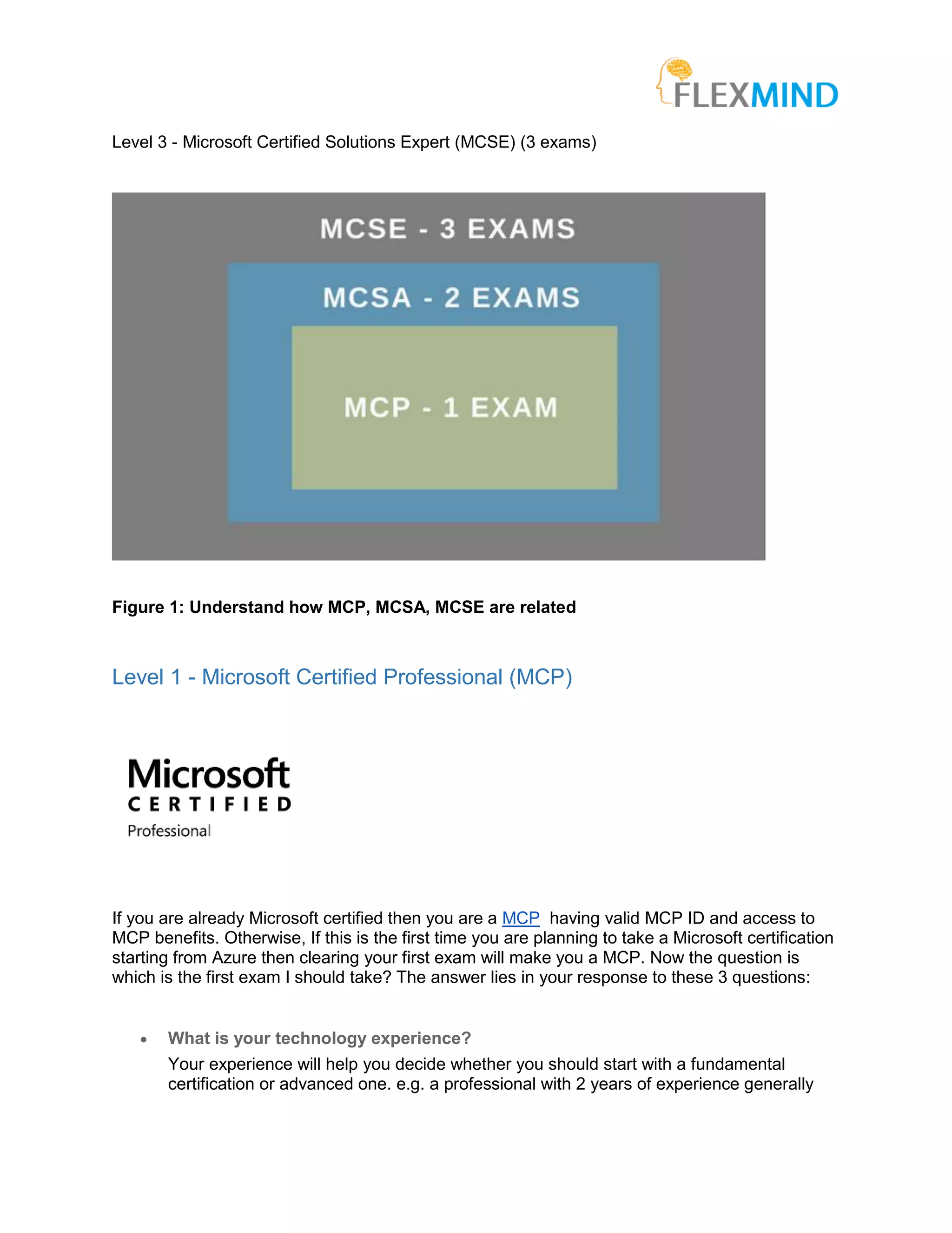 Level 3 - Microsoft Certified Solutions Expert (MCSE) (3 exams)
Figure 1: Understand how MCP, MCSA, MCSE are related
Level 1 - Microsoft Certified Professional (MCP)
If you are already Microsoft certified then you are a MCP having valid MCP ID and access to
MCP benefits. Otherwise, If this is the first time you are planning to take a Microsoft certification
starting from Azure then clearing your first exam will make you a MCP. Now the question is
which is the first exam I should take? The answer lies in your response to these 3 questions:
• What is your technology experience?
Your experience will help you decide whether you should start with a fundamental
certification or advanced one. e.g. a professional with 2 years of experience generally
 