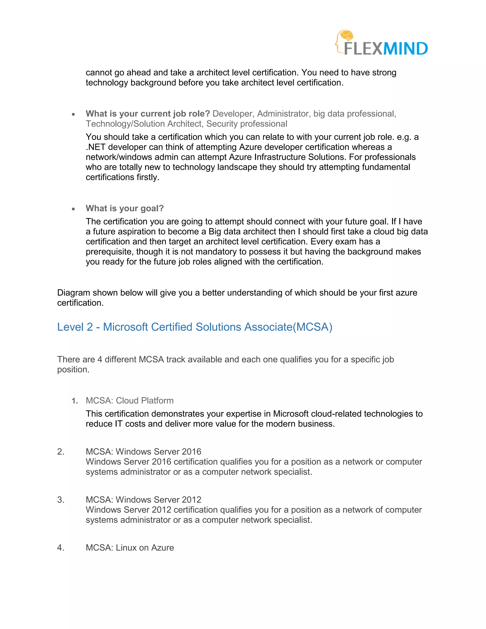 cannot go ahead and take a architect level certification. You need to have strong
technology background before you take architect level certification.
• What is your current job role? Developer, Administrator, big data professional,
Technology/Solution Architect, Security professional
You should take a certification which you can relate to with your current job role. e.g. a
.NET developer can think of attempting Azure developer certification whereas a
network/windows admin can attempt Azure Infrastructure Solutions. For professionals
who are totally new to technology landscape they should try attempting fundamental
certifications firstly.
• What is your goal?
The certification you are going to attempt should connect with your future goal. If I have
a future aspiration to become a Big data architect then I should first take a cloud big data
certification and then target an architect level certification. Every exam has a
prerequisite, though it is not mandatory to possess it but having the background makes
you ready for the future job roles aligned with the certification.
Diagram shown below will give you a better understanding of which should be your first azure
certification.
Level 2 - Microsoft Certified Solutions Associate(MCSA)
There are 4 different MCSA track available and each one qualifies you for a specific job
position.
1. MCSA: Cloud Platform
This certification demonstrates your expertise in Microsoft cloud-related technologies to
reduce IT costs and deliver more value for the modern business.
2. MCSA: Windows Server 2016
Windows Server 2016 certification qualifies you for a position as a network or computer
systems administrator or as a computer network specialist.
3. MCSA: Windows Server 2012
Windows Server 2012 certification qualifies you for a position as a network of computer
systems administrator or as a computer network specialist.
4. MCSA: Linux on Azure
 