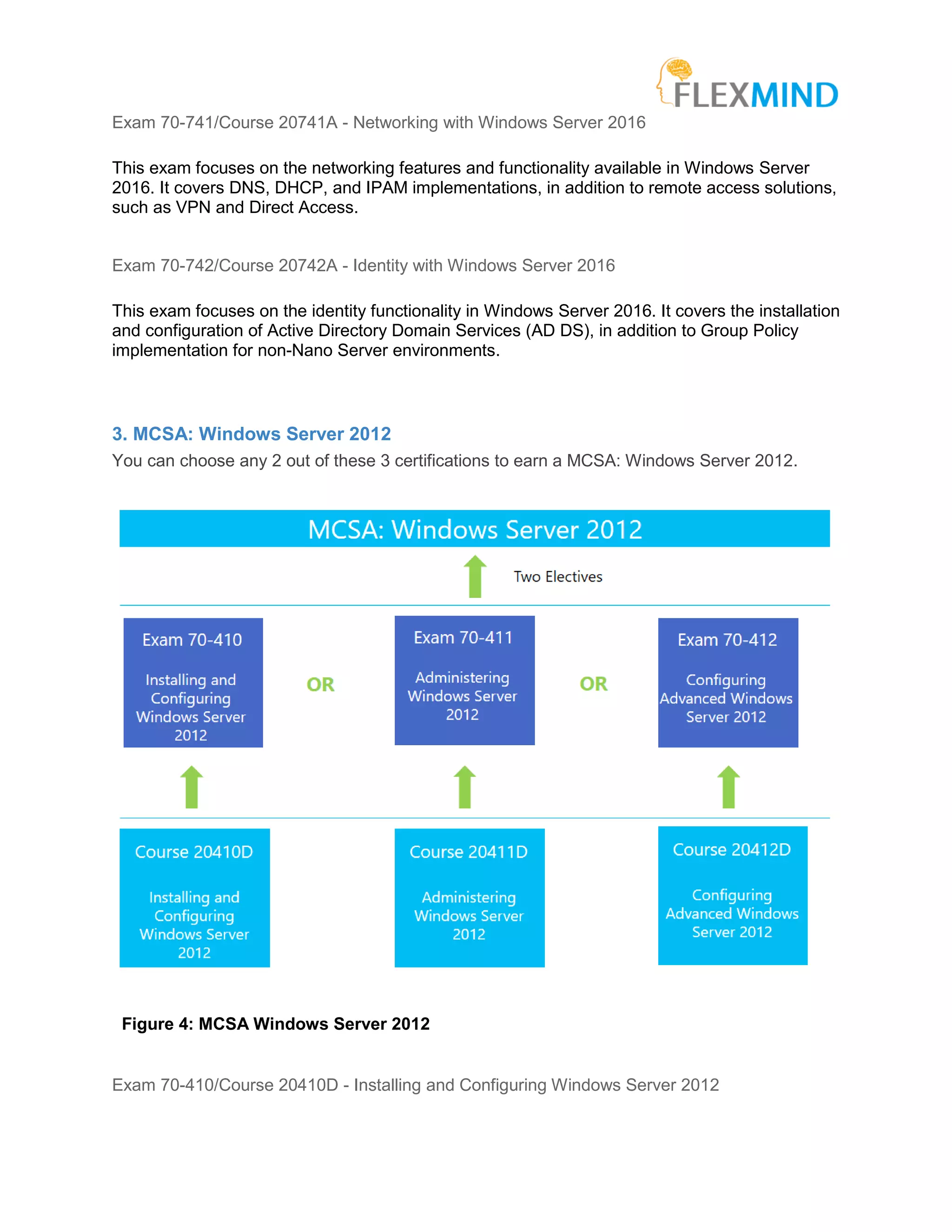 Exam 70-741/Course 20741A - Networking with Windows Server 2016
This exam focuses on the networking features and functionality available in Windows Server
2016. It covers DNS, DHCP, and IPAM implementations, in addition to remote access solutions,
such as VPN and Direct Access.
Exam 70-742/Course 20742A - Identity with Windows Server 2016
This exam focuses on the identity functionality in Windows Server 2016. It covers the installation
and configuration of Active Directory Domain Services (AD DS), in addition to Group Policy
implementation for non-Nano Server environments.
3. MCSA: Windows Server 2012
You can choose any 2 out of these 3 certifications to earn a MCSA: Windows Server 2012.
Figure 4: MCSA Windows Server 2012
Exam 70-410/Course 20410D - Installing and Configuring Windows Server 2012
 