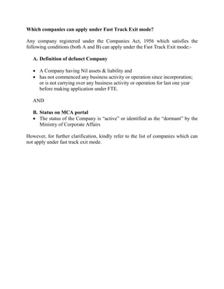 Checklist companies can apply under Fast Track Exit mode | PDF
