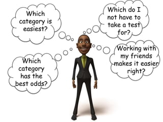 Which do I
   Which
               not have to
 category is
               take a test
  easiest?
                  for?

                  Working with
                   my friends
  Which          makes it easier
 category            right?
  has the
best odds?
 