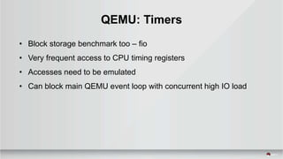 QEMU: Timers
• Block storage benchmark too – fio
• Very frequent access to CPU timing registers
• Accesses need to be emulated
• Can block main QEMU event loop with concurrent high IO load
 