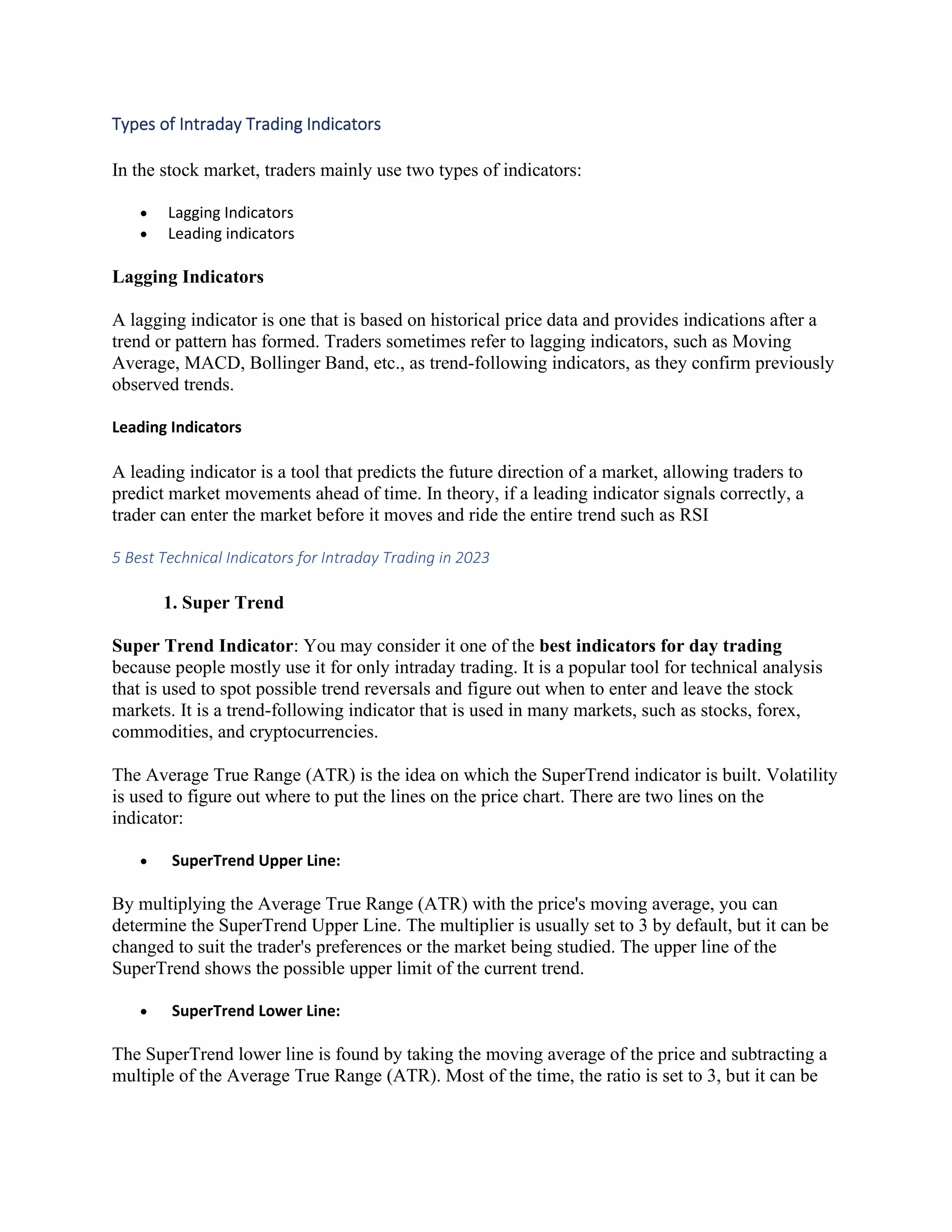 Top 5 Indicators for Intraday Trading and How to Use Them | PDF