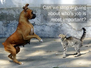 Can we stop arguing
        about whose job is
          most important?




Photo © Peretz Partensky (CC BY-SA 2.0) http://www.flickr.com/photos/ifl/3926001309/
 