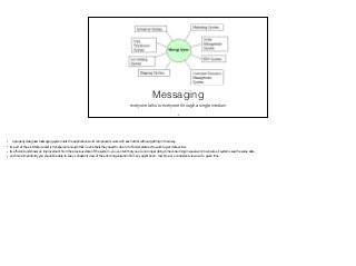 Messaging
everyone talks to everyone through a single medium
3
• a properly designed messaging system lets the application...