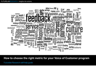 FUTURELABRESEARCH. Insights into actions.FUTURELABRESEARCH. Insights into actions.
How to choose the right metric for your Voice of Customer program
Futurelab Research self-help guide
 