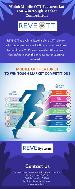 Contact Us
WCEGA Tower, 21 Bukit Batok Crescent, Unit 15-
84, Singapore 658065
Call Us : +65 3157 5040
Email Us : info@revesoft.com
www.revesoft.com
Which Mobile OTT Features Let
You Win Tough Market
Competition


REVE OTT is a white-label mobile OTT solution
which enables communication service providers
to build their VoIP based mobile OTT app and
thereafter launch the service on the existing
network.


 