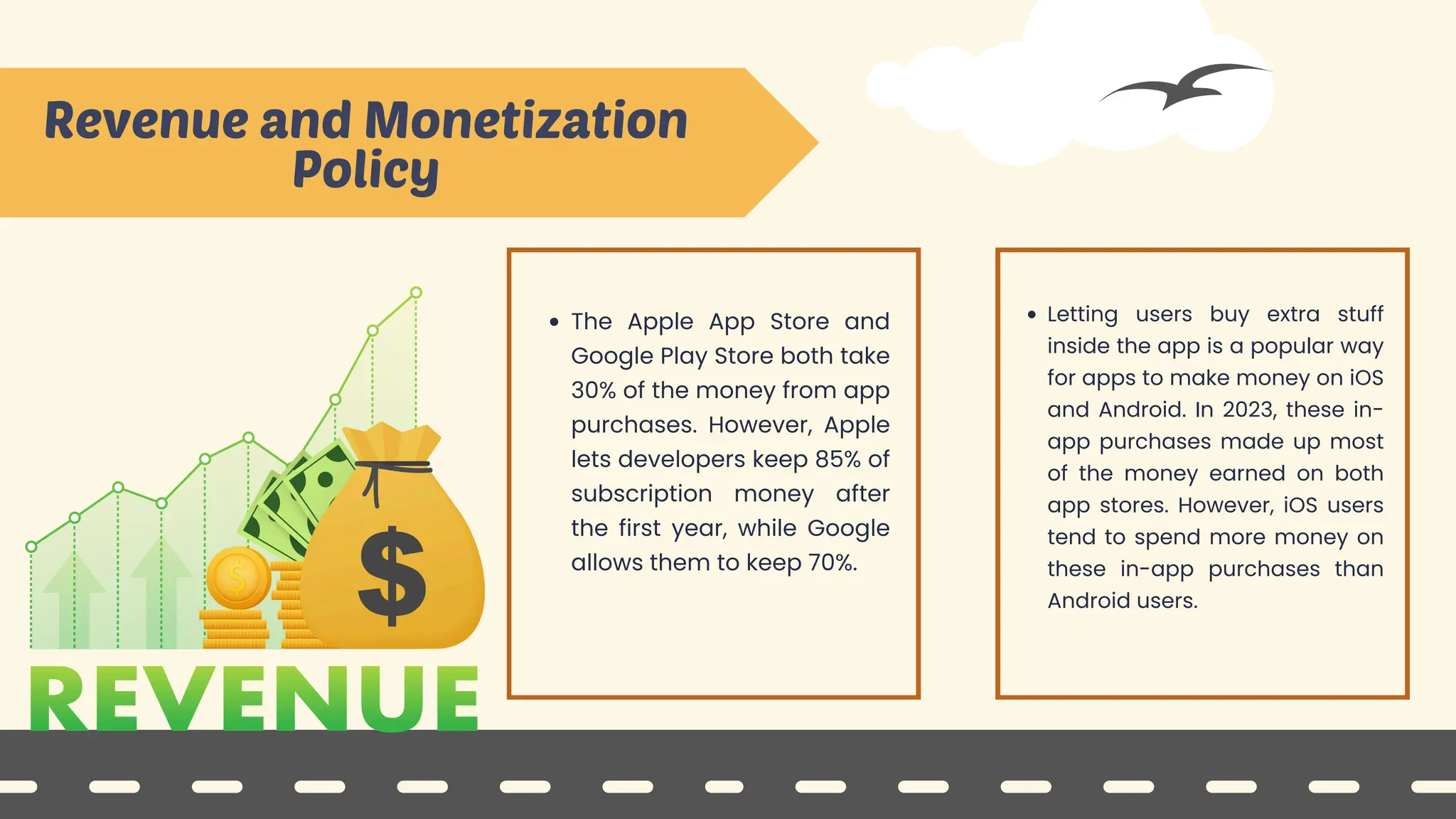 Revenue and Monetization
Policy
The Apple App Store and
Google Play Store both take
30% of the money from app
purchases. However, Apple
lets developers keep 85% of
subscription money after
the first year, while Google
allows them to keep 70%.
Letting users buy extra stuff
inside the app is a popular way
for apps to make money on iOS
and Android. In 2023, these in-
app purchases made up most
of the money earned on both
app stores. However, iOS users
tend to spend more money on
these in-app purchases than
Android users.
 
