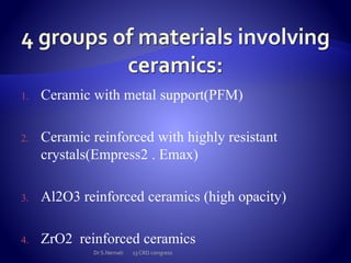 1. Ceramic with metal support(PFM)
2. Ceramic reinforced with highly resistant
crystals(Empress2 . Emax)
3. Al2O3 reinforced ceramics (high opacity)
4. ZrO2 reinforced ceramics
Dr S.Nemati 13 CRD congress
 